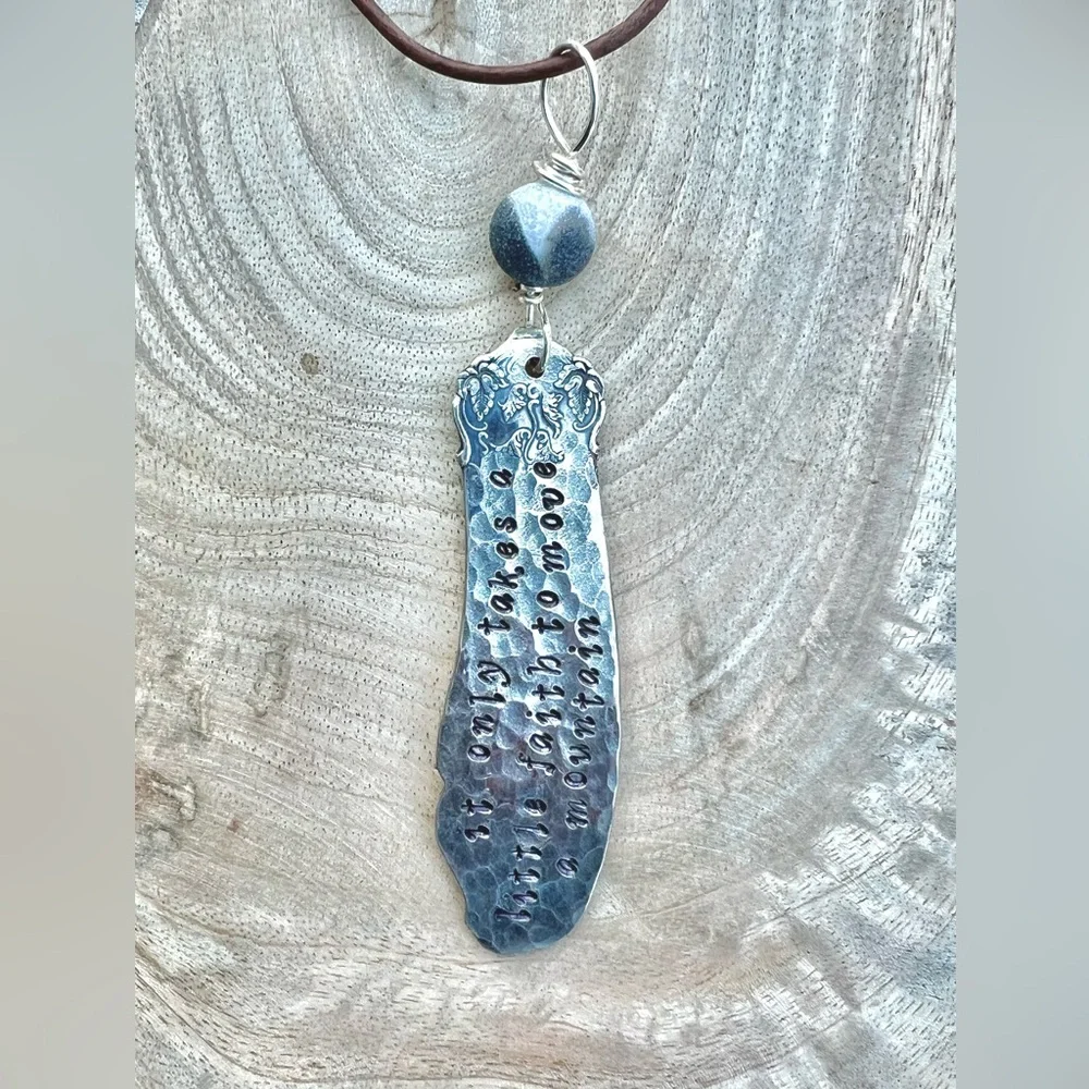 NEW Handmade Hammered Vintage Silverware Necklace Leather Cord A Little Faith